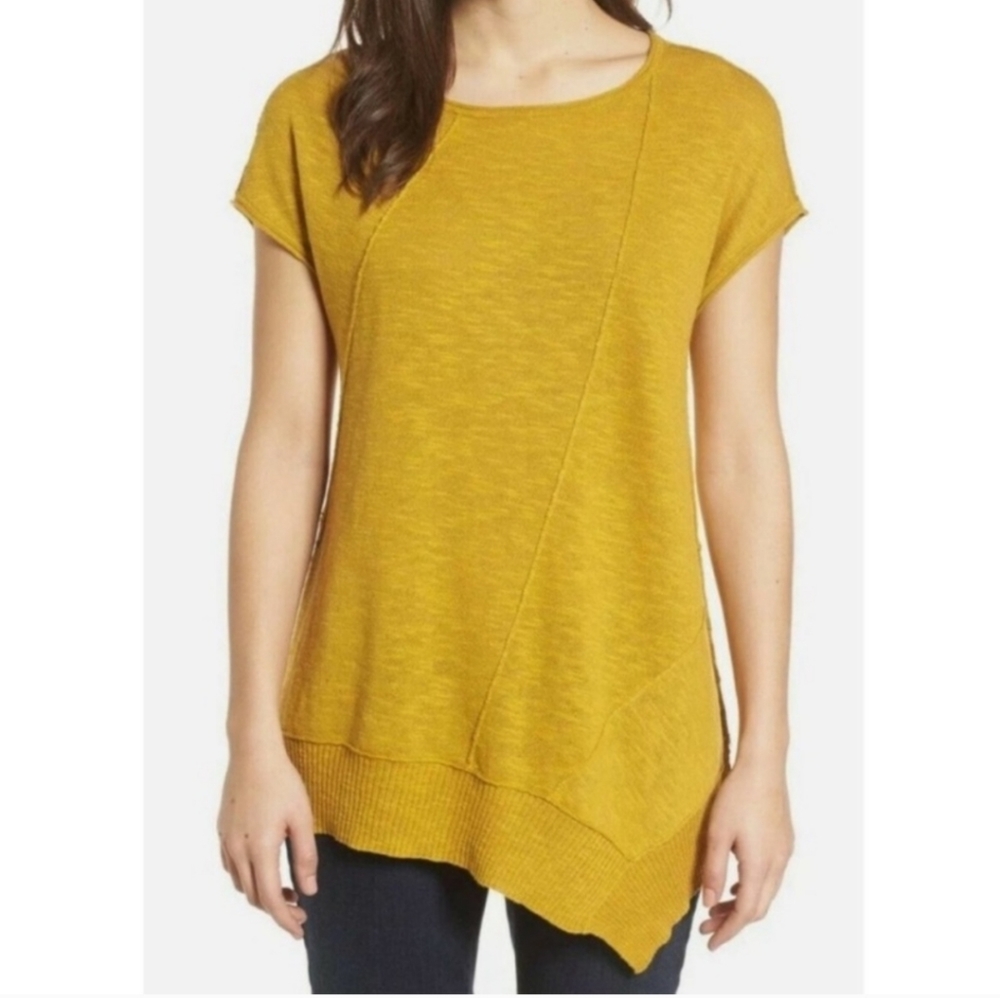 Eileen Fisher Asymmetric Organic Cotton Linen Knit Top Yellow Gold Small